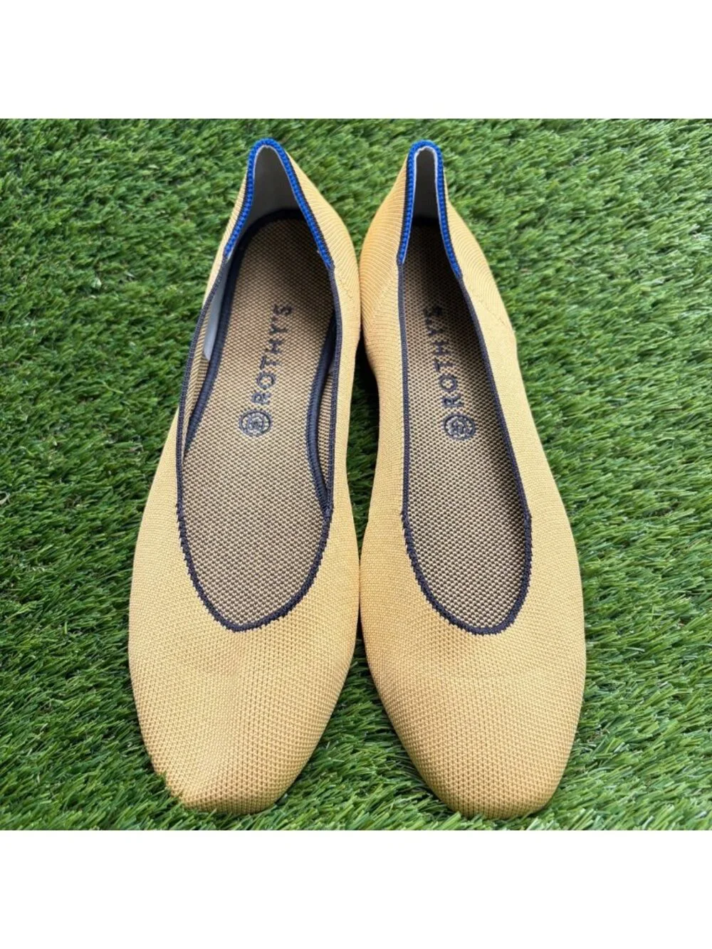 Rothy's The Square Womens Size 13 Beige Blue Casual Classic Slip On Ballet Flats